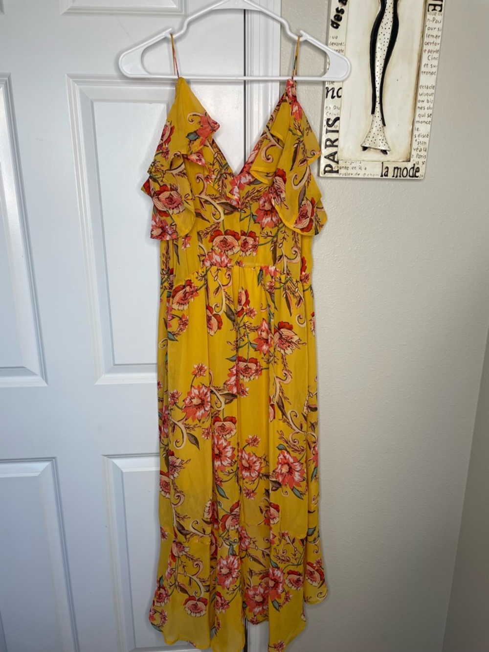 Eyeshadow Yellow Floral Wrap Midi Dress Cold Shoulder Ruffle Boho Cottagecore L - Picture 6 of 7